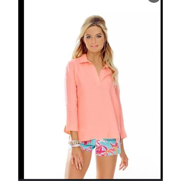 Lilly Pulitzer Gasparilla tunic 100% Linen orange 3/4 sleeve S - Picture 1 of 6